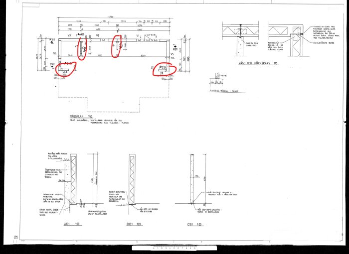 Arkitektonisk ritning, planlösning, sektioner, dimensioner, markerade områden, tekniska detaljer, svartvitt.