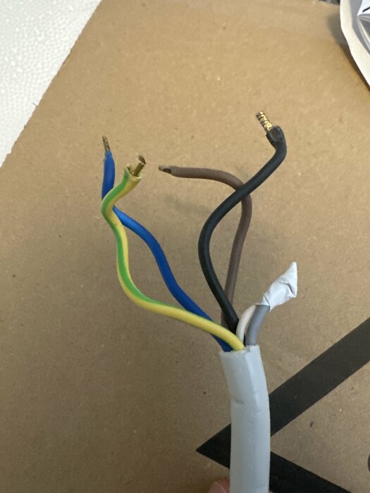 Avskalad elektrisk kabel med exponerade ledningar i färgerna blått, gult/grönt och svart mot kartongbakgrund.