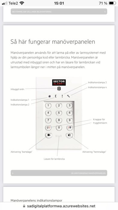 Skärmdump av en manual för en larmpanel, visar funktioner och indikationslampor på svenska.