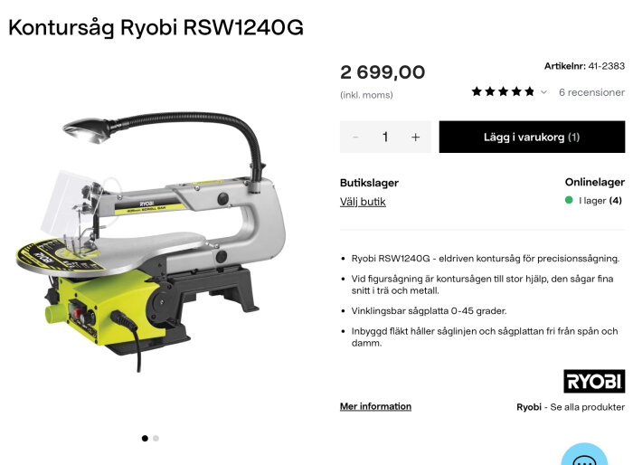 Elektrisk kontursåg, Ryobi RSW1240G, snitt i trä och metall, pris 2699 SEK, justerbar sågplatta, dammprevention.