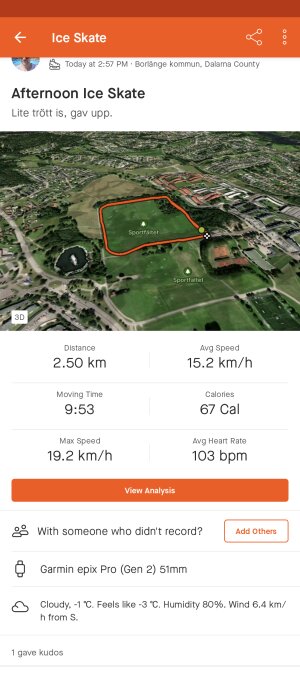 Skärmdump av aktivitetsapp visar eftermiddagsåkning på is, 2,5 km avstånd, 15,2 km/h genomsnittshastighet, trött person.