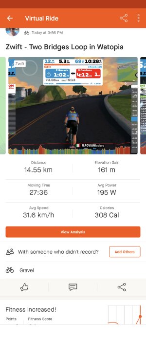 Skärmdump från Zwift-appen som visar en avslutad virtuell cykeltur med statistik och karta.