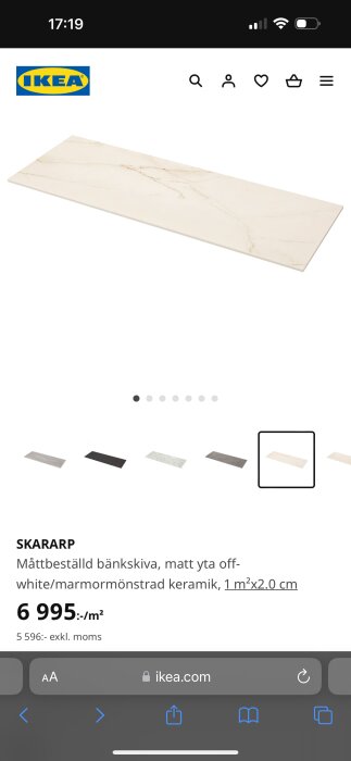 Skärmavbild från en onlinebutik som visar en marmormönstrad bänkskiva.