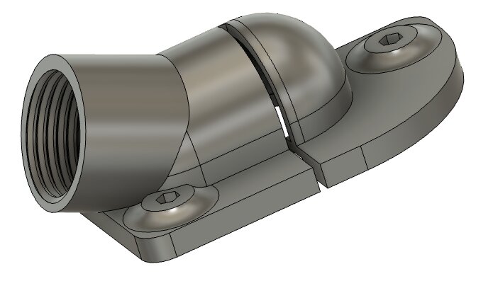 3D-modell av en rörkoppling eller klämma, industriell, metallisk, två bultfästen, gängad anslutning.