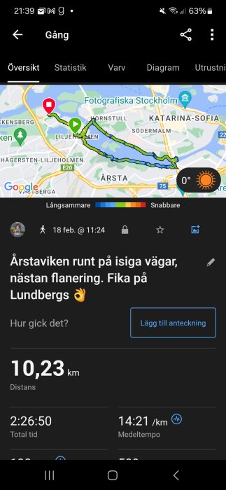 Skärmavbildning av aktivitetsapp som visar karta, promenadsträcka, distans, tid, och meddelande om fika.