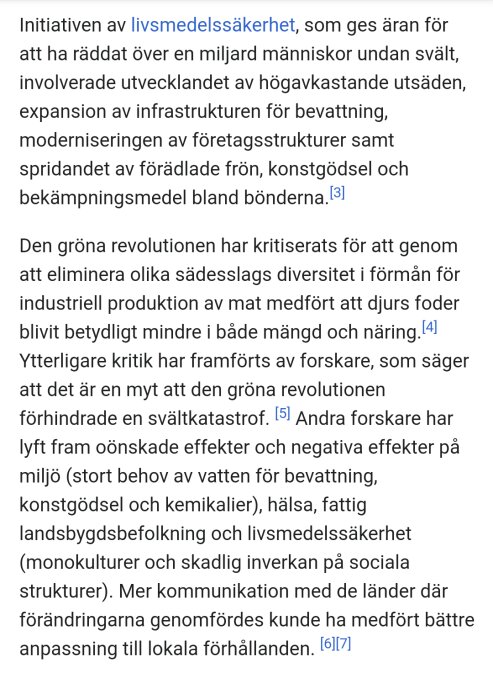 Text om livsmedelssäkerhet och Gröna revolutionen; dess positiva effekter och kritik.