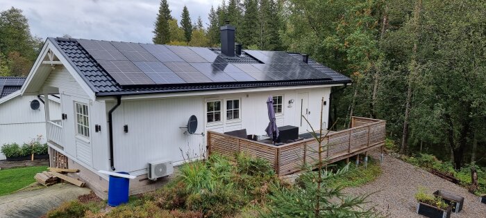 Vit enplansvilla med solpaneler på taket, omgiven av skog, terrass framför huset.