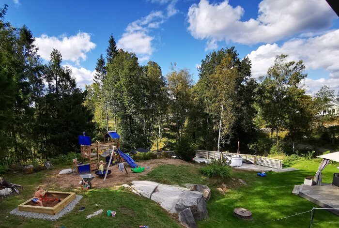 Solig trädgård med lekplats, sandlåda, rutschkana, gungor och barn som leker. Gröna träd och moln på himmeln.