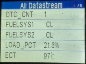 Digital display av bilens diagnostiksystem som visar felkoder och motorparametrar såsom bränslesystemstatus och motortemperatur.