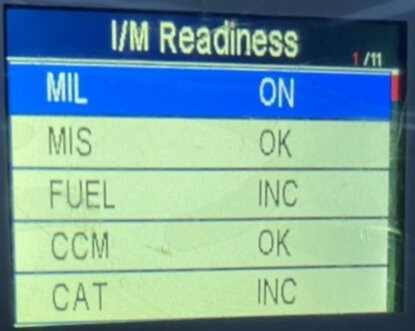 Fordonsdiagnostikskärm visar I/M Readiness status med blandade OK och INC resultat.