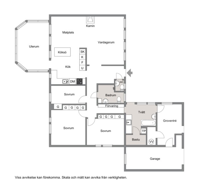 Arkitektritning av en villa: vardagsrum, kök, sovrum, badrum, bastu, garage, uterum, och förvaringsutrymmen.