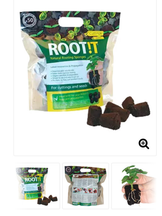 Förpackning med ROOT!T naturliga rotningsvampar för sticklingar och frön, inkluderar produktbilder och användningsexempel.