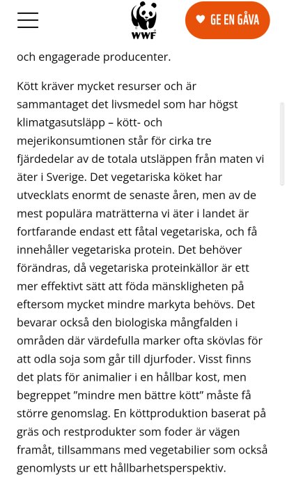 Skärmdump av WWF-artikel om köttkonsumtionens miljöpåverkan, hållbarhet, och vegetariskt protein.