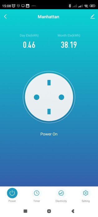 Mobilappsskärm som visar strömförbrukning med en eluttagssymbol och "Power On"-text.