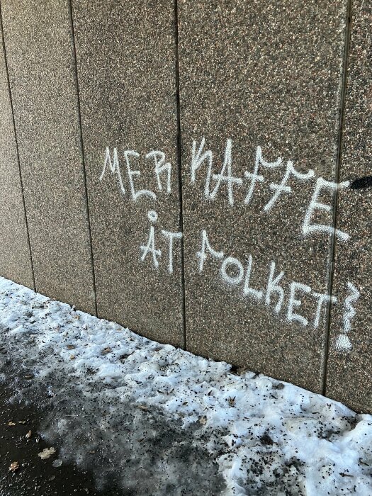 Vägg med graffiti, text på svenska, smältande snö i förgrunden, urbant sammanhang.