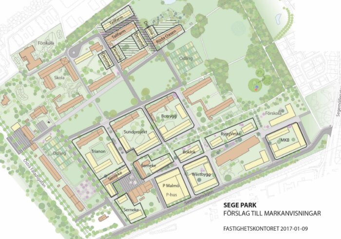 Det är en färglagd planteknisk illustration av en stadsplan för Sege Park med byggnader, grönområden och gatuindelningar.