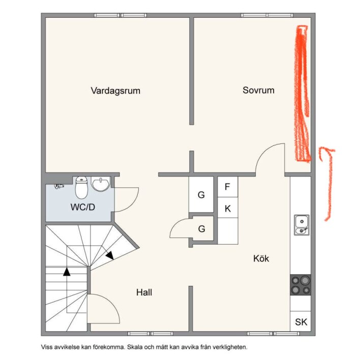 Planritning av lägenhet med vardagsrum, sovrum, kök, WC/D, hall, och skalaavvikelse-notering. Röda markeringar i kanten.