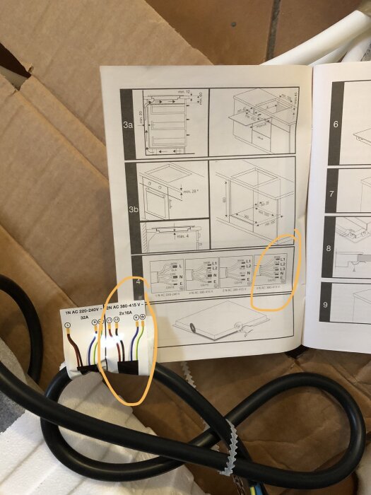 Instruktionsmanual med steg för steg-illustrationer, elskabel och anslutningsklämma inringad.