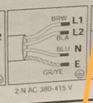 Elektrisk diagram för anslutning av kablar, märkta med färger och anslutningspunkter, för flerfasigt system.