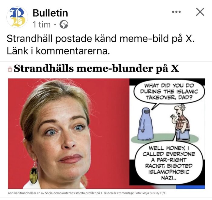 Skärmdump från Bulletin. Kvinna ovanför meme. Text om meme-blunder. Cartoon om islamiskt övertagande.