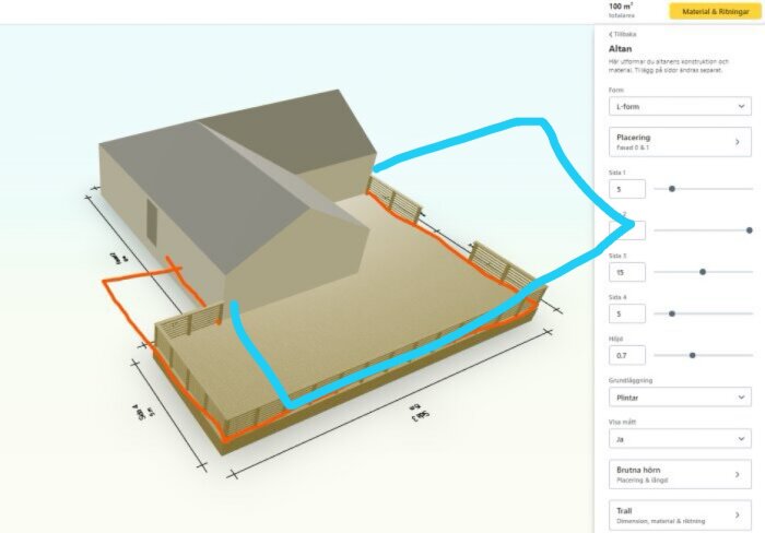3D-modell av hus med L-formad altan, designgränssnitt med anpassningsalternativ till höger.