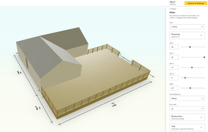 3D-modell av en L-formad altan vid en byggnad, konfigurationsgränssnitt med justeringsalternativ till höger.