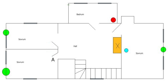 Enkel planritning av ett hus med fyra sovrum, hall, badrum, trappor och markerade entréer.