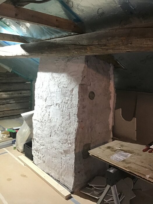 Ett oisolerat vindrum under renovering med synliga takbjälkar och en vitmålad skorsten.