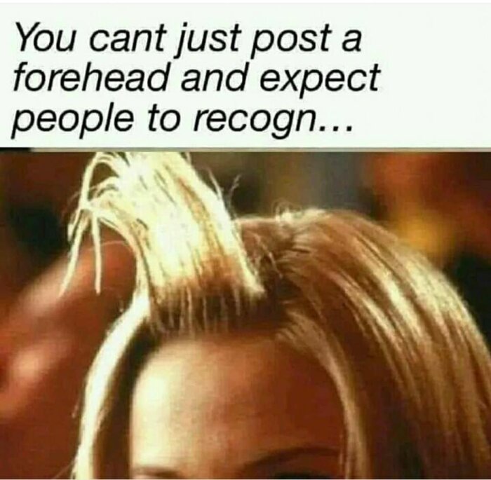 En panna och blont hår visas ovanför text som skämtsamt bryts mitt i förväntan om igenkänning.
