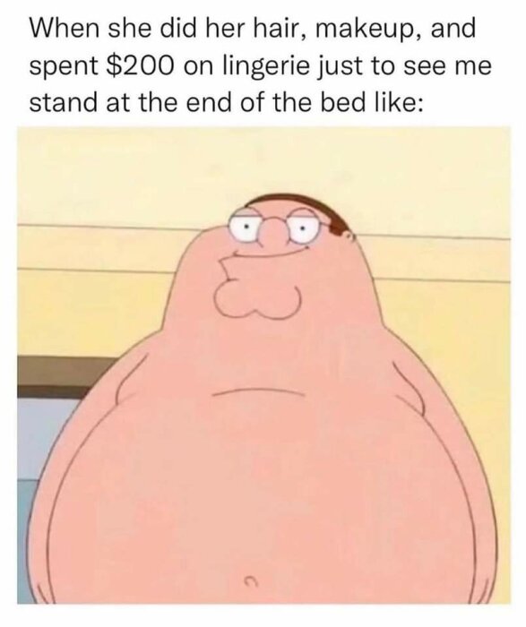 En tecknad figur står förvånad vid sängens fot med text om klädkostnader och förväntningar.