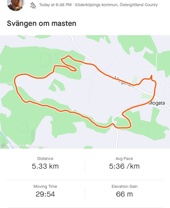 Kartapp-skärmdump som visar 5,33 km löprunda, tid 29:54, i Söderköpings kommun, Sverige.