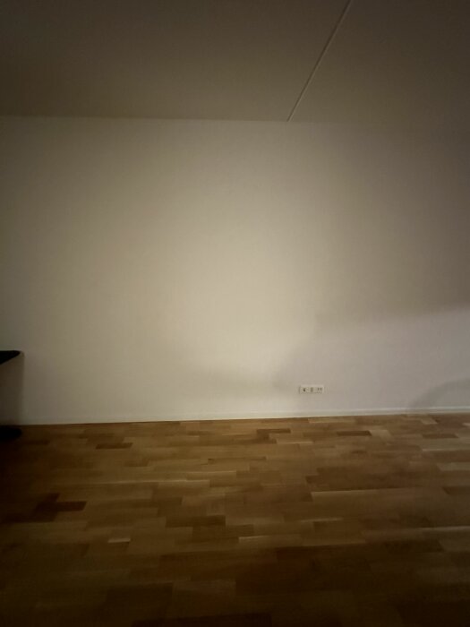 Tomt rum, vit vägg, parkettgolv, svagt ljus, uttag nära golvet, skuggor, enkelt, minimalistiskt.
