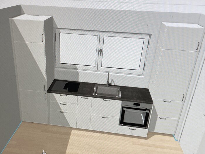 3D-modell av kök med skåp, diskbänk, spishäll och ugn. Svartvit rendering.