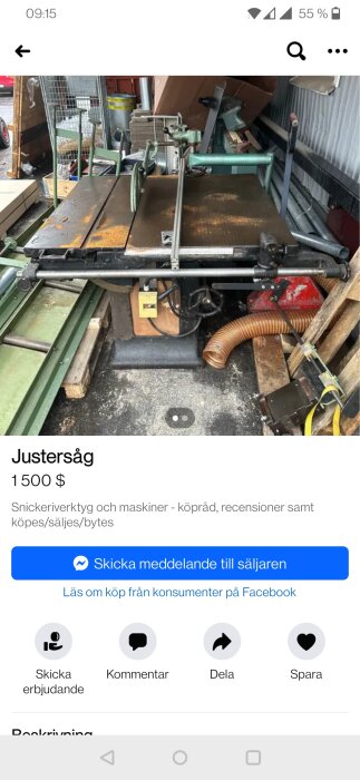 Begagnad justersåg till salu för 1500 dollar i en annons på en handelsplattform, omgiven av verkstadsredskap och bråte.