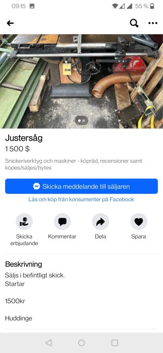 Annonsskärmdump för justersåg till salu på Facebook Marketplace med beskrivning, pris och plats.