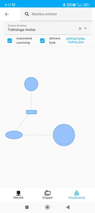 Skärmdump av en mobil enhet som visar ett nätverksschema med tre blåa noder kopplade med gröna linjer.
