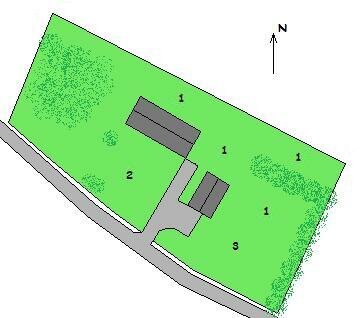 En schematisk 3D-karta över en fastighet med byggnader, träd, gräsytor och en nordsymbol.