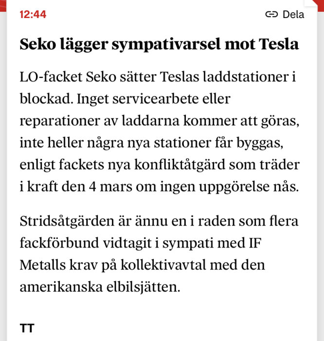 Artikel om fackförbundet Sekos sympatiåtgärder mot Tesla, blockad av service och stationbyggen. Konflikt datum nämns.