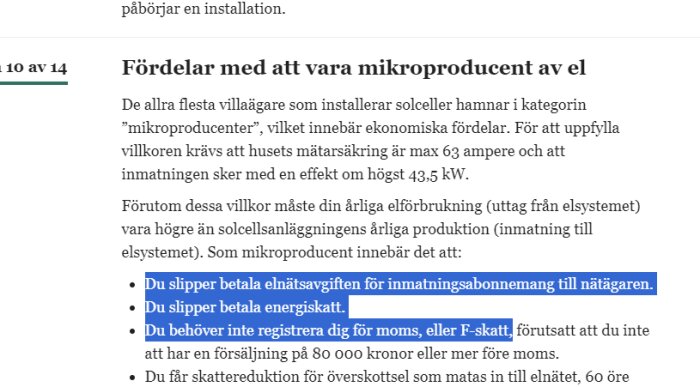 Svensk text om fördelar med att vara mikroproducent av el, innehåller punktlista med ekonomiska besparingar.