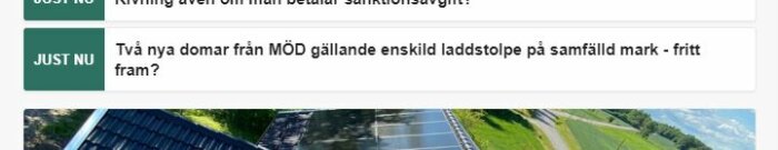 Webbnyhetsartikel, solpaneler på tak, väg mitt i gröna fält, rubrik om laddstolpe, beskrivande text.