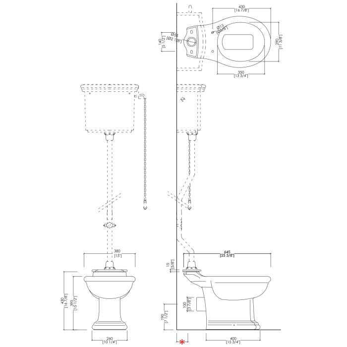 Teknisk ritning av en toalett med måttangivelser, sedd från flera vinklar.