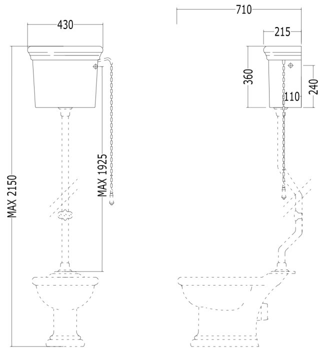 Teknisk ritning av två toalettkonstruktioner med måttangivelser och avloppsanslutningar.