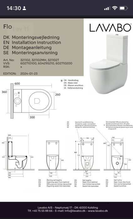 Installationsmanual för toalett, tekniska ritningar och mått, flerspråkig text, produktfoto uppe till höger.