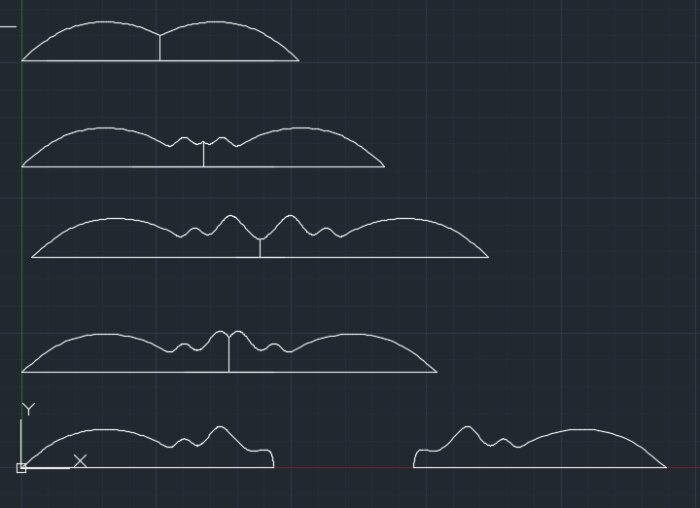 Rasterbakgrund, vita linjer föreställande olika bergsprofiler eller vågformer, dataplotting eller designkoncept, CAD-liknande illustration.