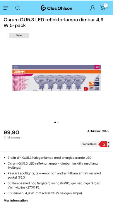 Produktsida för Osram GU5.3 LED-reflektorlampor, 5-pack, energisparande, dimbara, lång livslängd, 350 lumen, varmvitt ljus.