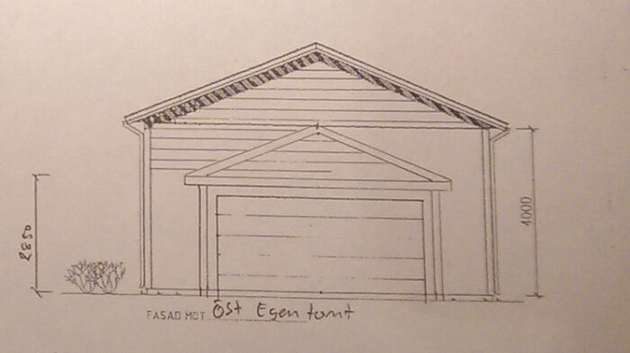 Ritning av husfasad öst med måttangivelser och entré, eventuellt garage. Enkel linjeteknik, skissenhet.