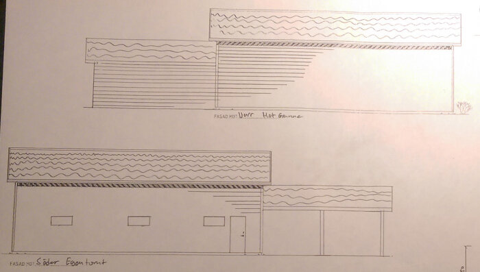 Arkitektoniska ritningar av byggnadsfasader, linjer, vågformade detaljer, enkelt utförande, möjliga föreslagna material.