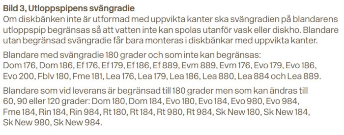 Text om svängradier för utloppspip på blandare vid olika diskbänkar och uppräknande av olika modeller.