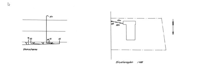 Två tekniska ritningar: en elschema och en situationsplan, sannolikt för byggkonstruktion eller elinstallation.