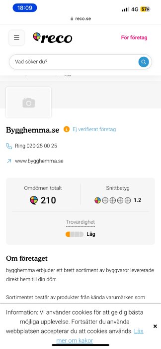 En skärmdump av reco.se med en företagsprofil. Företaget har låga omdömen och trovärdighet.